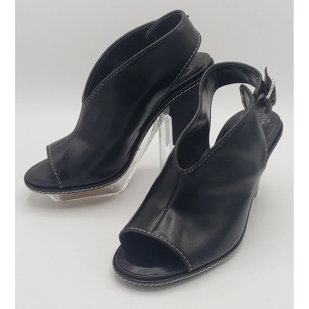 Vince Camuto Fandree Slingback Sandal Heel Peep Toe Buckle Black Leather Sz 8.5